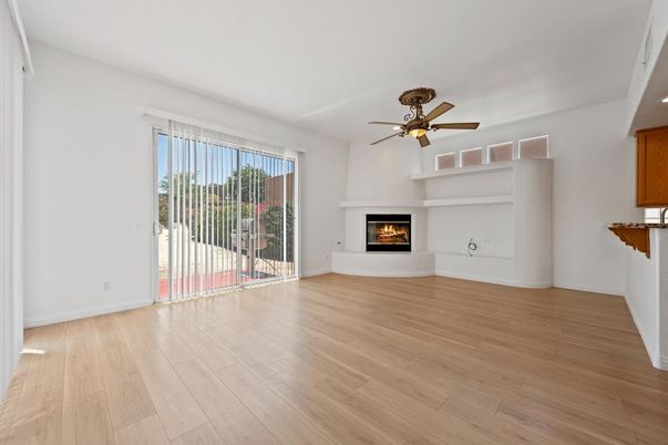 Empty room, Fireplace, Interior, Recessed Lighting, Wood Texture Flooring