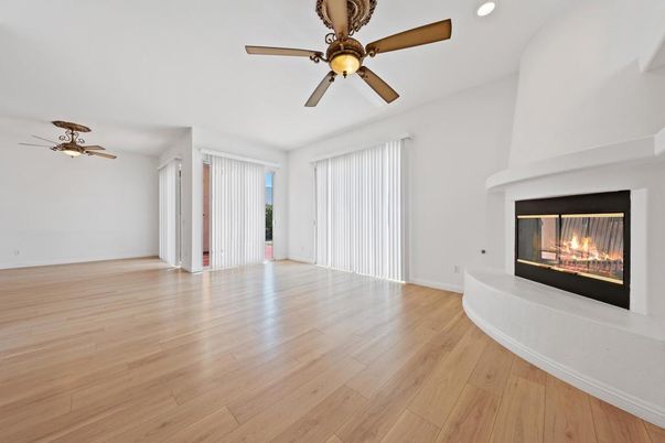 Empty room, Fireplace, Interior, Recessed Lighting, Wood Texture Flooring