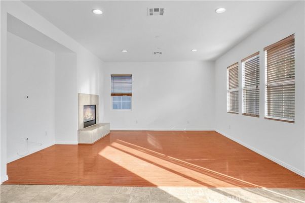 Empty room, Fireplace, Interior, Recessed Lighting, Wood Texture Flooring