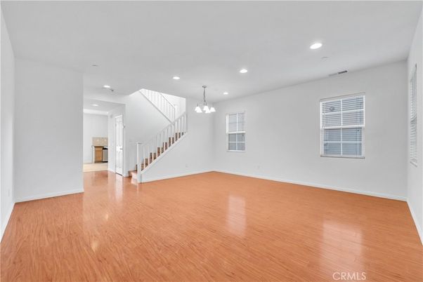 Chandelier, Empty room, Interior, Recessed Lighting, Wood Texture Flooring