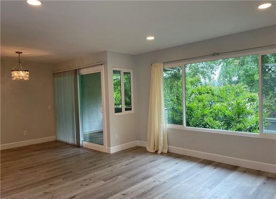 Empty room, Interior, Pendant Lights, Recessed Lighting, Wood Texture Flooring