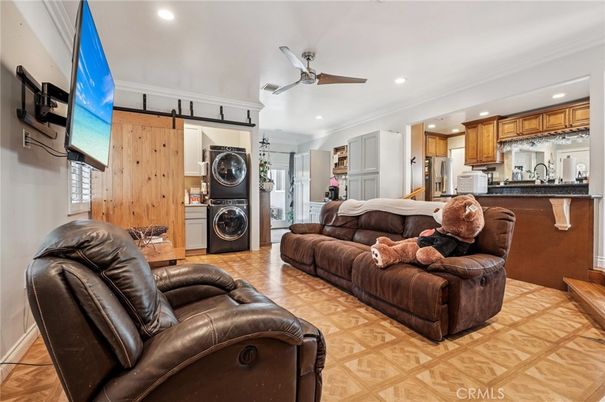 Interior, Kitchen, Living room, Recessed Lighting, Washer, Wood Texture Flooring