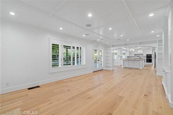 Empty room, Interior, Kitchen, Recessed Lighting, Wood Texture Flooring