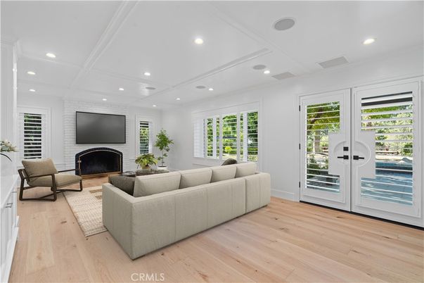 Fireplace, Interior, Living room, Recessed Lighting, Wood Texture Flooring