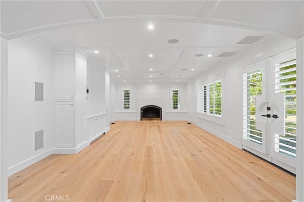 Empty room, Fireplace, Interior, Recessed Lighting, Wood Texture Flooring