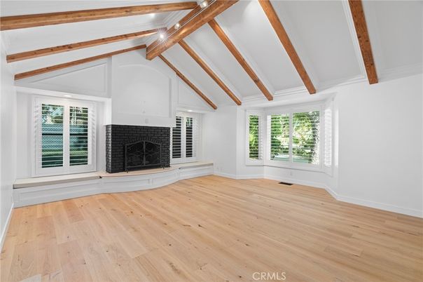 Empty room, Fireplace, Interior, Wooden Beams, Wood Texture Flooring