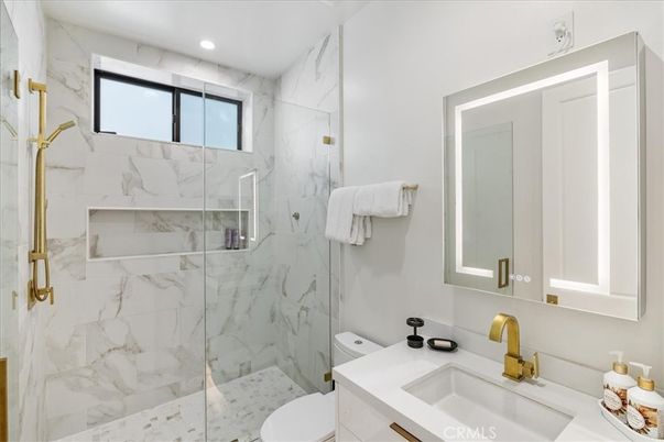 Bathroom, Glass Shower, Interior, Marble Walls, Recessed Lighting