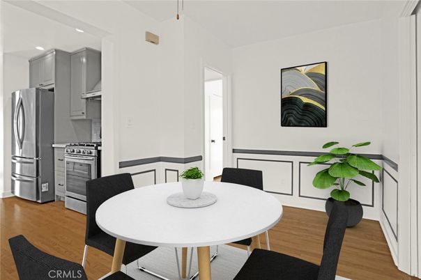 Dining room, Interior, Kitchen, Recessed Lighting, Stainless Steel Appliances, Wood Texture Flooring