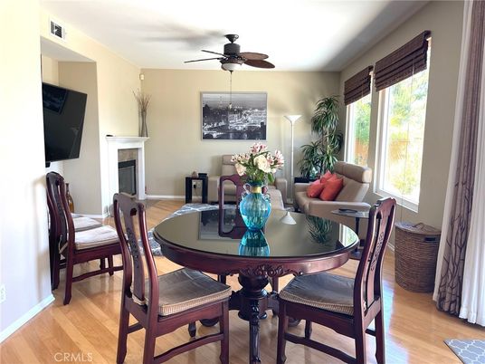 Dining room, Fireplace, Interior, Wood Texture Flooring