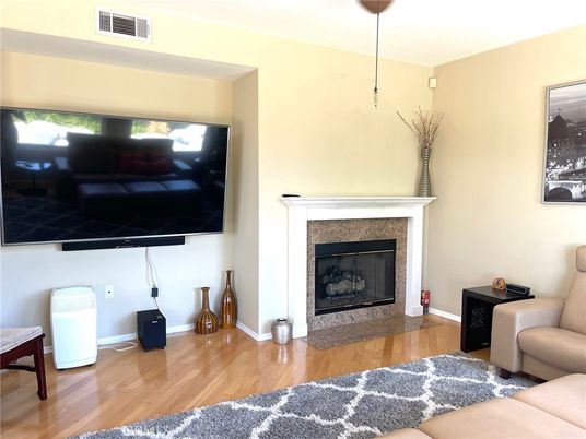 Fireplace, Interior, Pendant Lights, Wood Texture Flooring