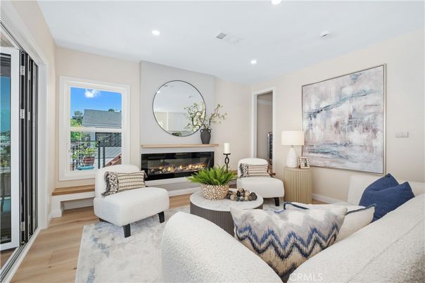 Fireplace, Interior, Living room, Recessed Lighting, Wood Texture Flooring