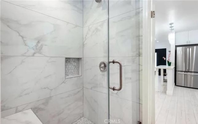 Bathroom, Glass Shower, Interior, Marble Walls, Wood Texture Flooring