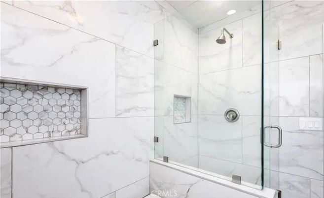 Bathroom, Glass Shower, Interior, Marble Walls, Recessed Lighting