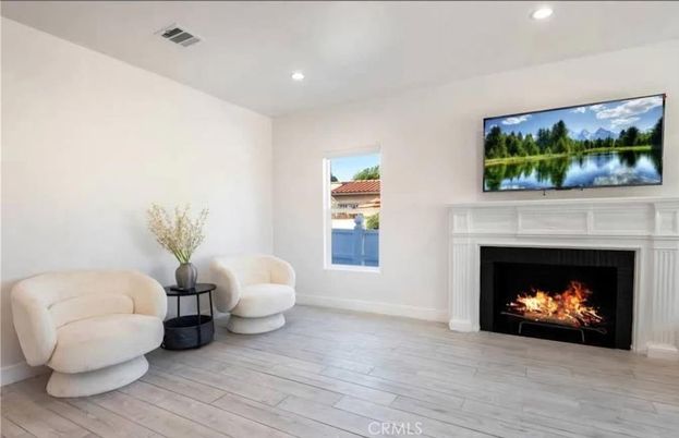 Fireplace, Interior, Recessed Lighting, Wood Texture Flooring
