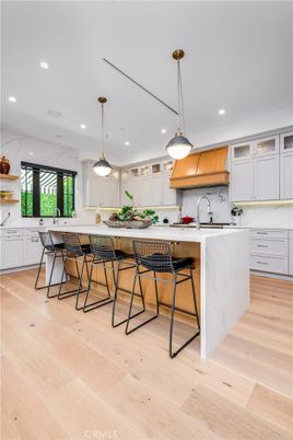 Interior, Kitchen, Marble Walls, Pendant Lights, Recessed Lighting, Wood Texture Flooring