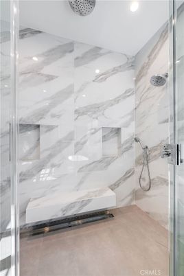 Bathroom, Glass Shower, Interior, Marble Walls, Recessed Lighting