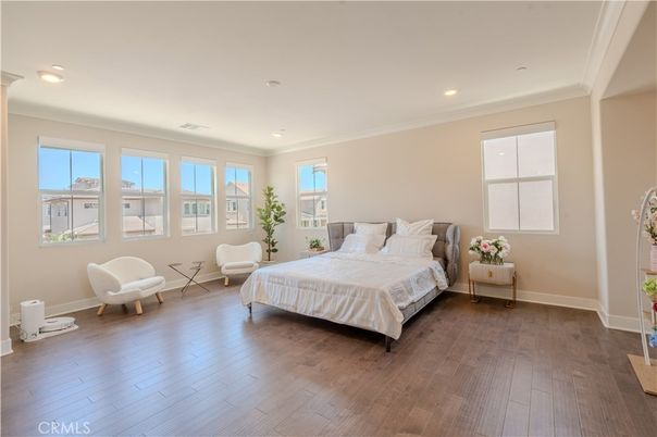 Bedroom, Interior, Recessed Lighting, Wood Texture Flooring