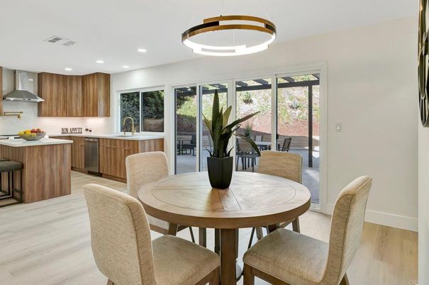 Dining room, Interior, Kitchen, Pendant Lights, Recessed Lighting, Wood Texture Flooring
