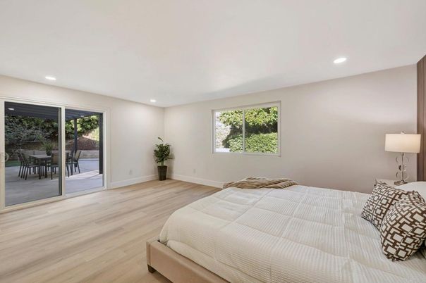 Bedroom, Interior, Recessed Lighting, Wood Texture Flooring