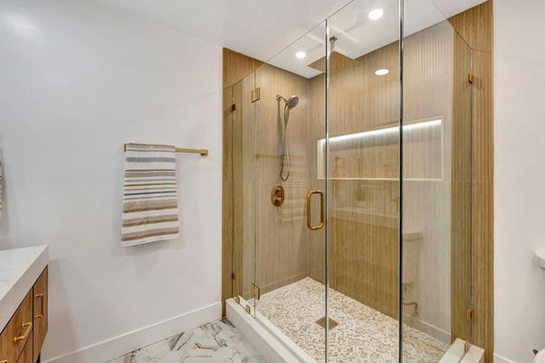Bathroom, Glass Shower, Interior, Marble, Recessed Lighting