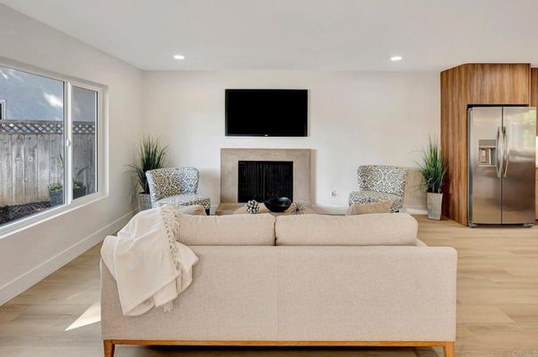 Fireplace, Interior, Living room, Recessed Lighting, Wood Texture Flooring