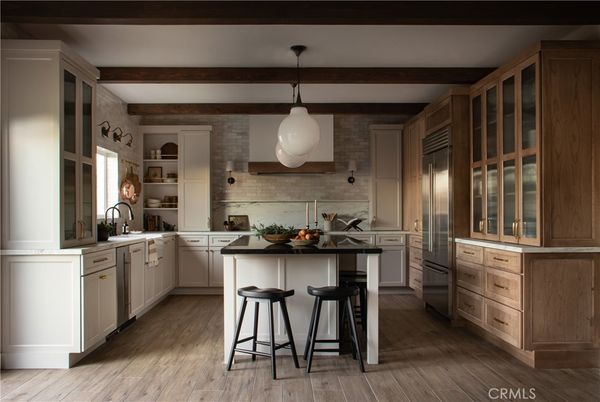 Interior, Kitchen, Pendant Lights, Stone Walls, Wood Texture Flooring