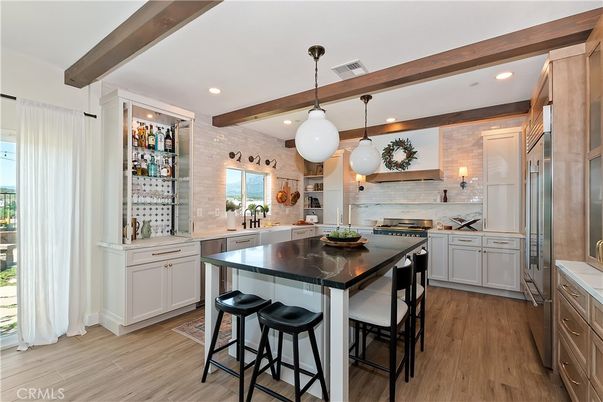 Interior, Kitchen, Pendant Lights, Recessed Lighting, Stainless Steel Appliances, Wooden Beams, Wood Texture Flooring