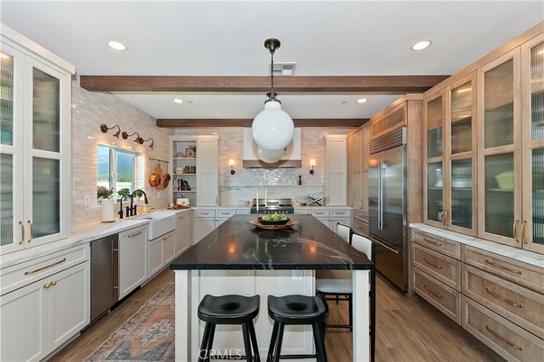 Interior, Kitchen, Pendant Lights, Recessed Lighting, Stainless Steel Appliances, Wooden Beams, Wood Texture Flooring