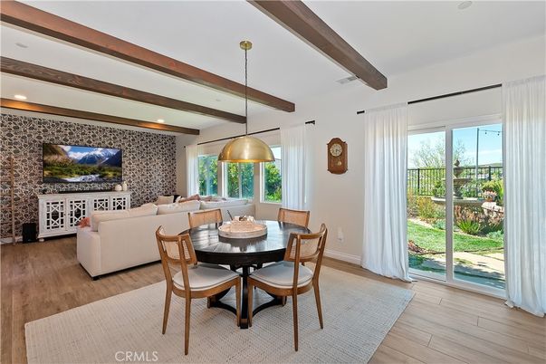 Dining room, Interior, Living room, Pendant Lights, Recessed Lighting, Wooden Beams, Wood Texture Flooring