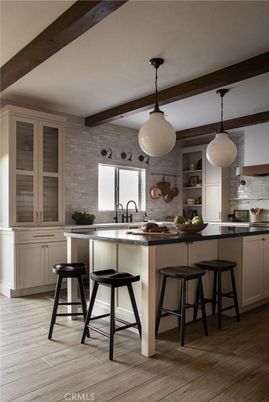 Interior, Kitchen, Pendant Lights, Stone Walls, Wooden Beams, Wood Texture Flooring