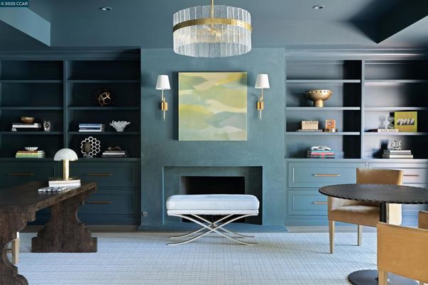Chandelier, Fireplace, Home Office, Interior, Recessed Lighting