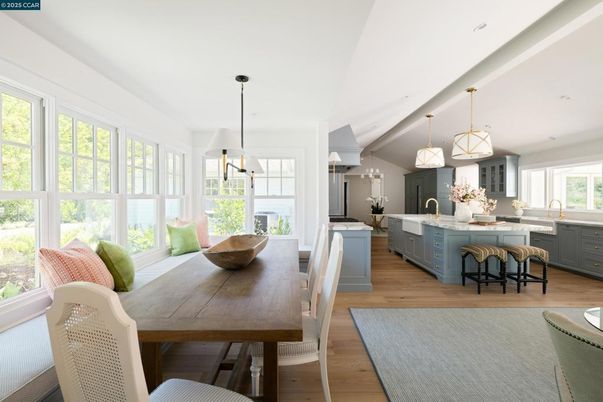 Dining room, Interior, Kitchen, Pendant Lights, Recessed Lighting, Wood Texture Flooring