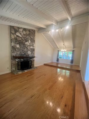 Empty room, Fireplace, Interior, Stone Walls, Wood Texture Flooring