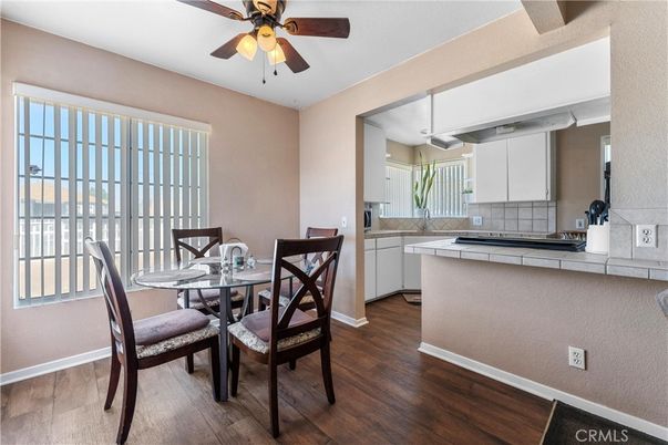 Dining room, Interior, Kitchen, Tile Countertops, Wood Texture Flooring