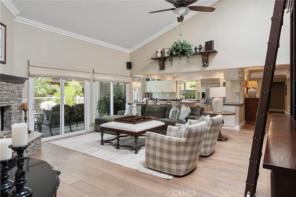 Fireplace, Interior, Kitchen, Living room, Stainless Steel Appliances, Stone Walls, Wood Texture Flooring