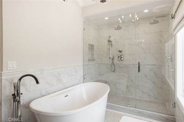 Bathroom, Free Standing Baths, Glass Shower, Interior, Marble Walls, Recessed Lighting