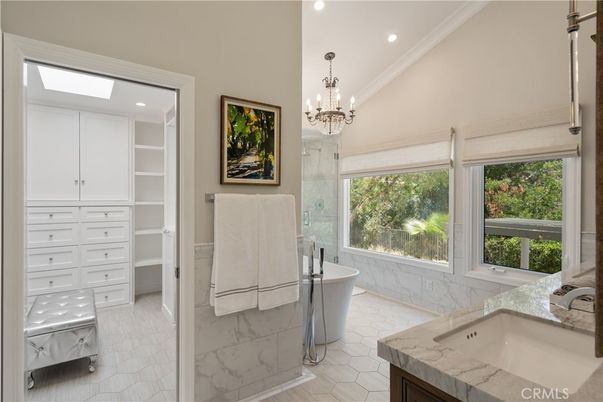 Bathroom, Chandelier, Dual Sink Vanities, Free Standing Baths, Glass Shower, Interior, Marble, Recessed Lighting