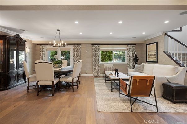 Chandelier, Dining room, Interior, Living room, Recessed Lighting, Stone Walls, Wood Texture Flooring