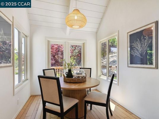 Dining room, Interior, Pendant Lights, Wood Texture Flooring