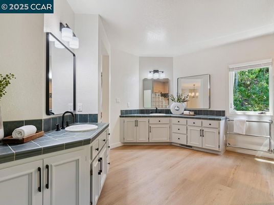 Bathroom, Dual Sink Vanities, Interior, Tile Countertops, Wood Texture Flooring