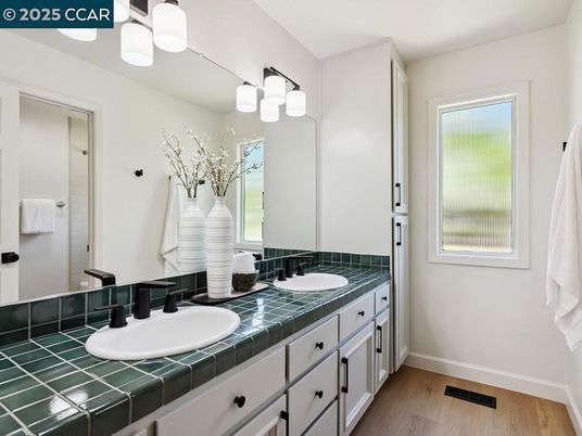 Bathroom, Dual Sink Vanities, Interior, Tile Countertops, Wood Texture Flooring