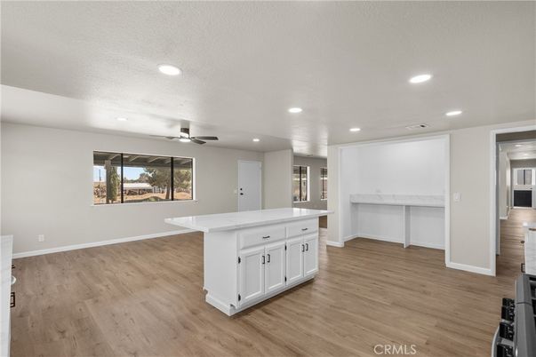 Empty room, Interior, Kitchen, Recessed Lighting, Wood Texture Flooring