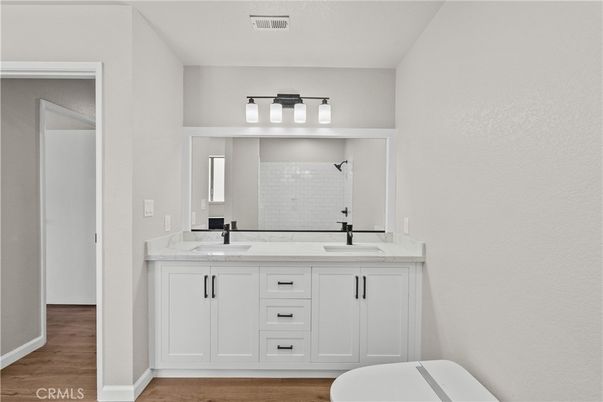 Bathroom, Dual Sink Vanities, Interior, Wood Texture Flooring