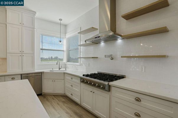 Interior, Kitchen, Pendant Lights, Stainless Steel Appliances, Wood Texture Flooring