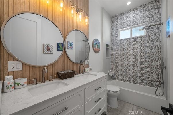 Bathroom, Dual Sink Vanities, Interior, Recessed Lighting, Wooden Walls