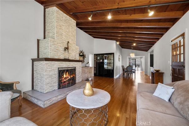 Dining room, Fireplace, Interior, Living room, Pendant Lights, Stone Walls, Wooden Beams, Wooden Ceilings, Wood Texture Flooring