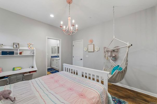 Bedroom, Chandelier, Interior, Recessed Lighting, Wood Texture Flooring
