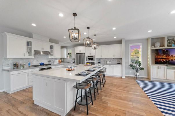 Interior, Kitchen, Pendant Lights, Recessed Lighting, Stainless Steel Appliances, Wood Texture Flooring