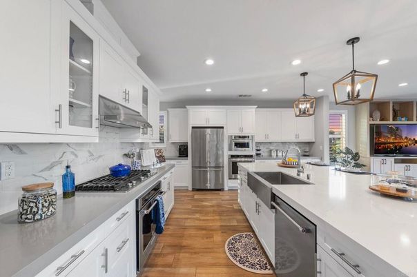 Interior, Kitchen, Pendant Lights, Recessed Lighting, Stainless Steel Appliances, Wood Texture Flooring