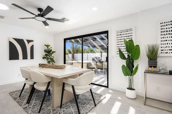 Dining room, Interior, Recessed Lighting, Wood Texture Flooring